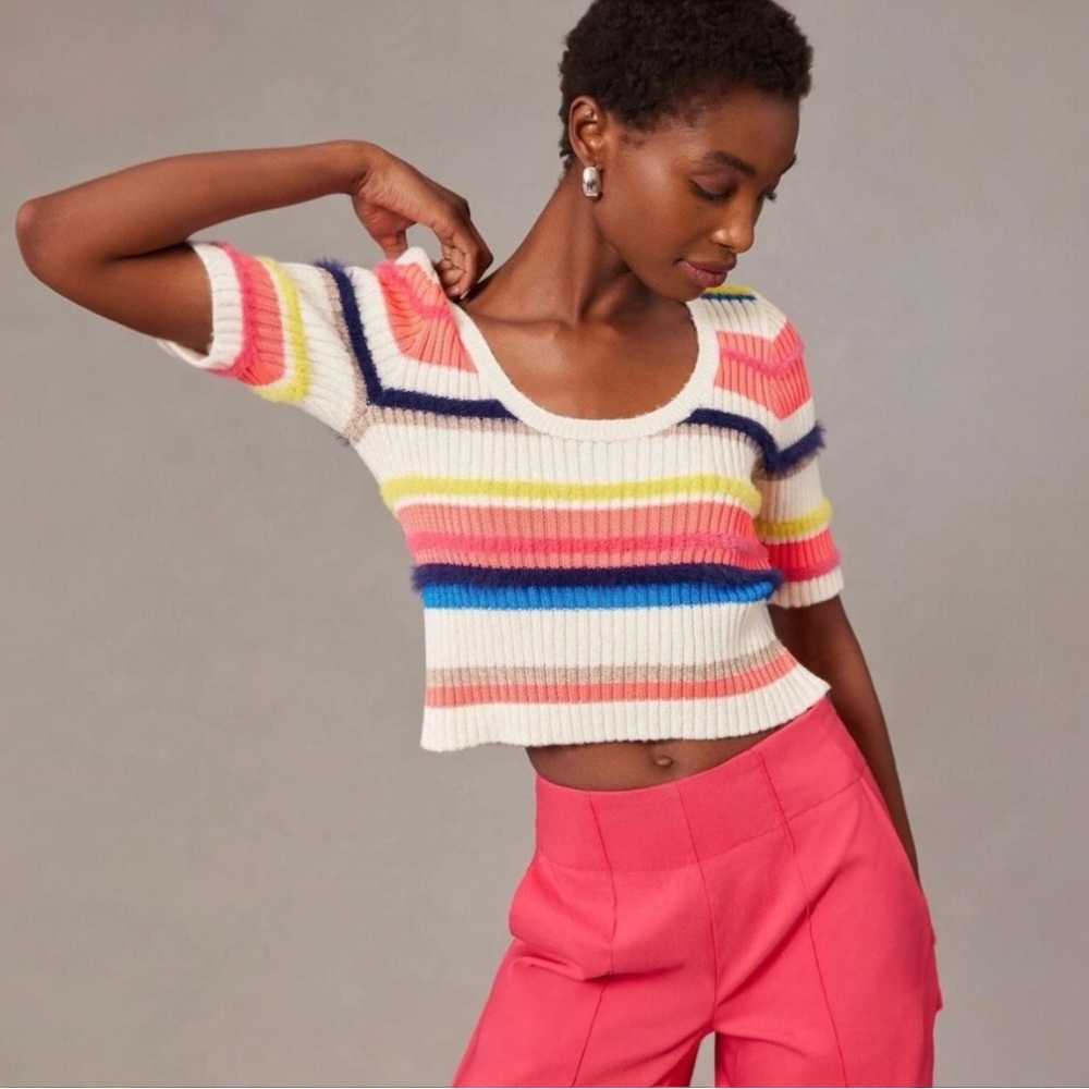 NEW WITH TAGS ANTHROPOLOGIE MAEVE NEON STRIPE FUZZY SCOOP NECK RIBBED SWEATER M